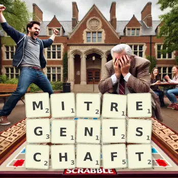 Kreative Illustration für ein Scrabble-Spiel, bei dem das Wort MITREGENTSCHAFT mit Steinen auf dem Brett gelegt wurde.