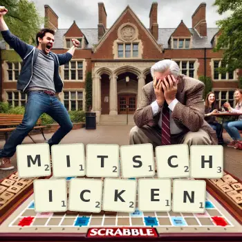 Kreative Illustration für ein Scrabble-Spiel, bei dem das Wort MITSCHICKEN mit Steinen auf dem Brett gelegt wurde.