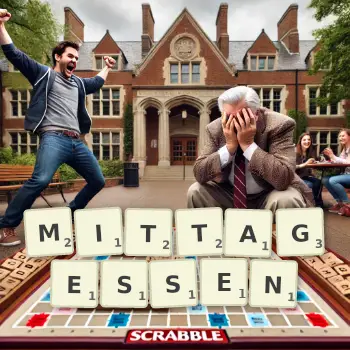 Kreative Illustration für ein Scrabble-Spiel, bei dem das Wort MITTAGESSEN mit Steinen auf dem Brett gelegt wurde.