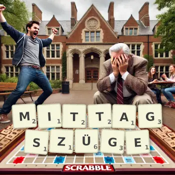 Kreative Illustration für ein Scrabble-Spiel, bei dem das Wort MITTAGSZÜGE mit Steinen auf dem Brett gelegt wurde.