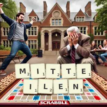 Kreative Illustration für ein Scrabble-Spiel, bei dem das Wort MITTEILEN mit Steinen auf dem Brett gelegt wurde.