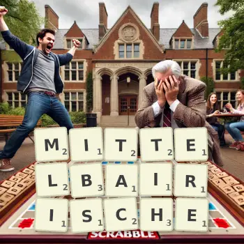 Kreative Illustration für ein Scrabble-Spiel, bei dem das Wort MITTELBAIRISCHE mit Steinen auf dem Brett gelegt wurde.