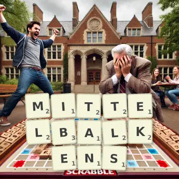 Kreative Illustration für ein Scrabble-Spiel, bei dem das Wort MITTELBALKENS mit Steinen auf dem Brett gelegt wurde.