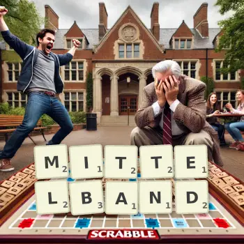 Kreative Illustration für ein Scrabble-Spiel, bei dem das Wort MITTELBAND mit Steinen auf dem Brett gelegt wurde.