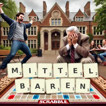 Kreative Illustration für ein Scrabble-Spiel, bei dem das Wort MITTELBAREN mit Steinen auf dem Brett gelegt wurde.
