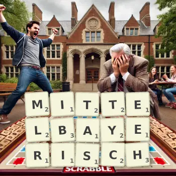 Kreative Illustration für ein Scrabble-Spiel, bei dem das Wort MITTELBAYERISCH mit Steinen auf dem Brett gelegt wurde.