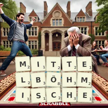 Kreative Illustration für ein Scrabble-Spiel, bei dem das Wort MITTELBÖHMISCHE mit Steinen auf dem Brett gelegt wurde.