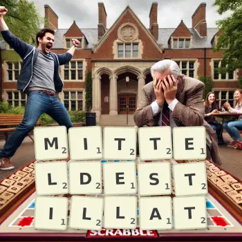 Kreative Illustration für ein Scrabble-Spiel, bei dem das Wort MITTELDESTILLAT mit Steinen auf dem Brett gelegt wurde.