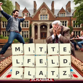 Kreative Illustration für ein Scrabble-Spiel, bei dem das Wort MITTELFELDPLATZ mit Steinen auf dem Brett gelegt wurde.