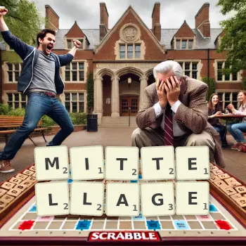 Kreative Illustration für ein Scrabble-Spiel, bei dem das Wort MITTELLAGE mit Steinen auf dem Brett gelegt wurde.
