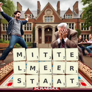 Kreative Illustration für ein Scrabble-Spiel, bei dem das Wort MITTELMEERSTAAT mit Steinen auf dem Brett gelegt wurde.