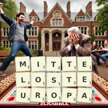 Kreative Illustration für ein Scrabble-Spiel, bei dem das Wort MITTELOSTEUROPA mit Steinen auf dem Brett gelegt wurde.