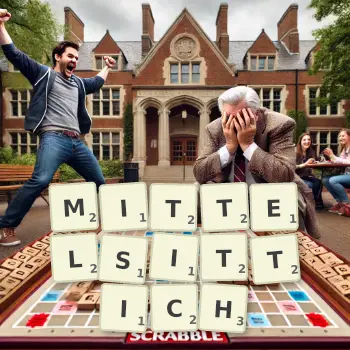 Kreative Illustration für ein Scrabble-Spiel, bei dem das Wort MITTELSITTICH mit Steinen auf dem Brett gelegt wurde.