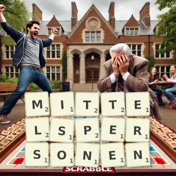Kreative Illustration für ein Scrabble-Spiel, bei dem das Wort MITTELSPERSONEN mit Steinen auf dem Brett gelegt wurde.