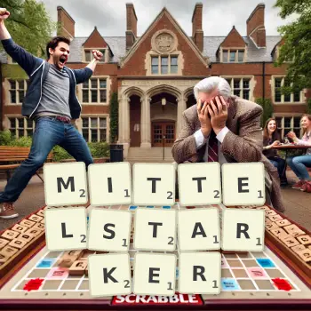 Kreative Illustration für ein Scrabble-Spiel, bei dem das Wort MITTELSTARKER mit Steinen auf dem Brett gelegt wurde.