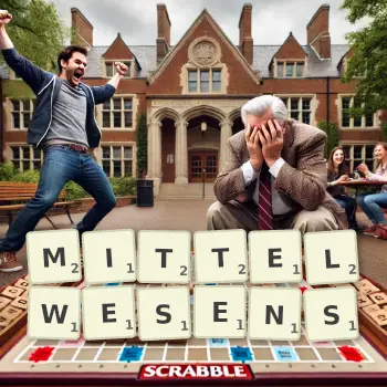 Kreative Illustration für ein Scrabble-Spiel, bei dem das Wort MITTELWESENS mit Steinen auf dem Brett gelegt wurde.
