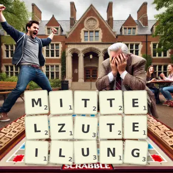 Kreative Illustration für ein Scrabble-Spiel, bei dem das Wort MITTELZUTEILUNG mit Steinen auf dem Brett gelegt wurde.