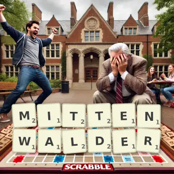 Kreative Illustration für ein Scrabble-Spiel, bei dem das Wort MITTENWALDER mit Steinen auf dem Brett gelegt wurde.