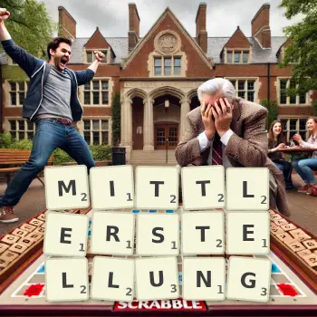 Kreative Illustration für ein Scrabble-Spiel, bei dem das Wort MITTLERSTELLUNG mit Steinen auf dem Brett gelegt wurde.