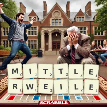 Kreative Illustration für ein Scrabble-Spiel, bei dem das Wort MITTLERWEILE mit Steinen auf dem Brett gelegt wurde.