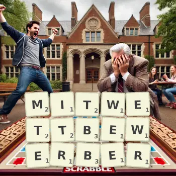 Kreative Illustration für ein Scrabble-Spiel, bei dem das Wort MITWETTBEWERBER mit Steinen auf dem Brett gelegt wurde.