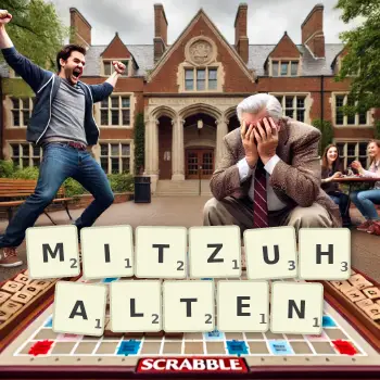 Kreative Illustration für ein Scrabble-Spiel, bei dem das Wort MITZUHALTEN mit Steinen auf dem Brett gelegt wurde.