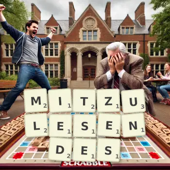 Kreative Illustration für ein Scrabble-Spiel, bei dem das Wort MITZULESENDES mit Steinen auf dem Brett gelegt wurde.