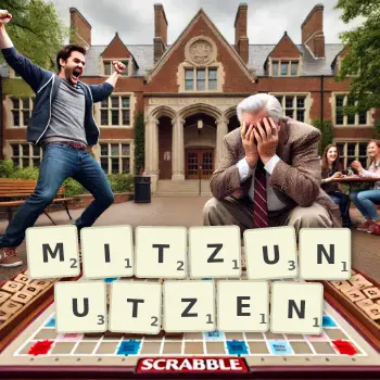 Kreative Illustration für ein Scrabble-Spiel, bei dem das Wort MITZUNUTZEN mit Steinen auf dem Brett gelegt wurde.