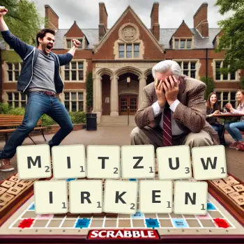 Kreative Illustration für ein Scrabble-Spiel, bei dem das Wort MITZUWIRKEN mit Steinen auf dem Brett gelegt wurde.