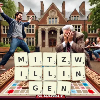 Kreative Illustration für ein Scrabble-Spiel, bei dem das Wort MITZWILLINGEN mit Steinen auf dem Brett gelegt wurde.