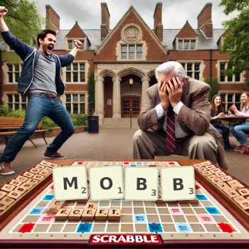 Kreative Illustration für ein Scrabble-Spiel, bei dem das Wort MOBB mit Steinen auf dem Brett gelegt wurde.