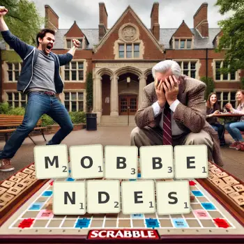 Kreative Illustration für ein Scrabble-Spiel, bei dem das Wort MOBBENDES mit Steinen auf dem Brett gelegt wurde.
