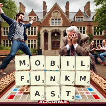 Kreative Illustration für ein Scrabble-Spiel, bei dem das Wort MOBILFUNKMAST mit Steinen auf dem Brett gelegt wurde.