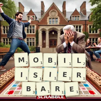 Kreative Illustration für ein Scrabble-Spiel, bei dem das Wort MOBILISIERBARE mit Steinen auf dem Brett gelegt wurde.