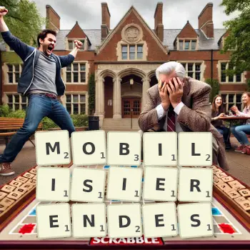 Kreative Illustration für ein Scrabble-Spiel, bei dem das Wort MOBILISIERENDES mit Steinen auf dem Brett gelegt wurde.