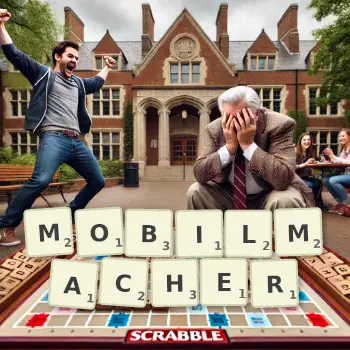 Kreative Illustration für ein Scrabble-Spiel, bei dem das Wort MOBILMACHER mit Steinen auf dem Brett gelegt wurde.