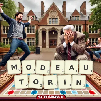 Kreative Illustration für ein Scrabble-Spiel, bei dem das Wort MODEAUTORIN mit Steinen auf dem Brett gelegt wurde.