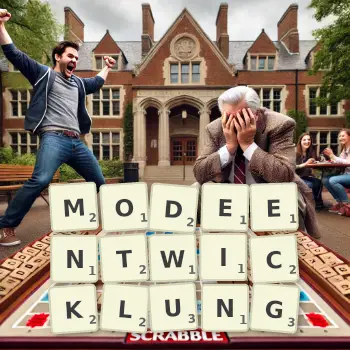 Kreative Illustration für ein Scrabble-Spiel, bei dem das Wort MODEENTWICKLUNG mit Steinen auf dem Brett gelegt wurde.
