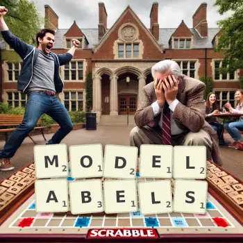 Kreative Illustration für ein Scrabble-Spiel, bei dem das Wort MODELABELS mit Steinen auf dem Brett gelegt wurde.