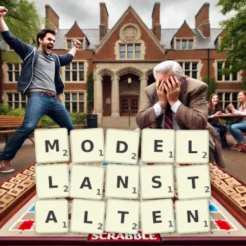 Kreative Illustration für ein Scrabble-Spiel, bei dem das Wort MODELLANSTALTEN mit Steinen auf dem Brett gelegt wurde.
