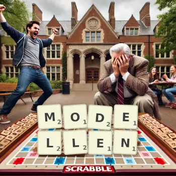 Kreative Illustration für ein Scrabble-Spiel, bei dem das Wort MODELLEN mit Steinen auf dem Brett gelegt wurde.