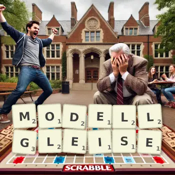 Kreative Illustration für ein Scrabble-Spiel, bei dem das Wort MODELLGLEISE mit Steinen auf dem Brett gelegt wurde.