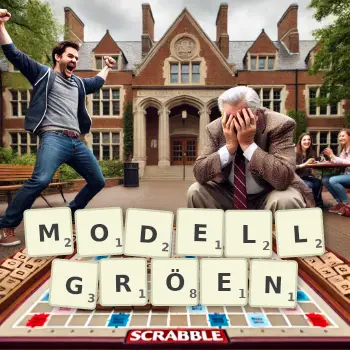 Kreative Illustration für ein Scrabble-Spiel, bei dem das Wort MODELLGRÖEN mit Steinen auf dem Brett gelegt wurde.
