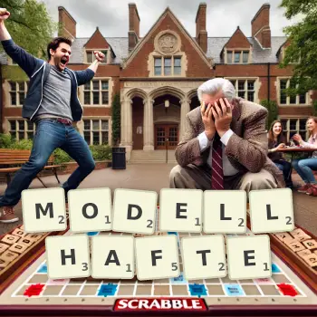 Kreative Illustration für ein Scrabble-Spiel, bei dem das Wort MODELLHAFTE mit Steinen auf dem Brett gelegt wurde.