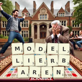 Kreative Illustration für ein Scrabble-Spiel, bei dem das Wort MODELLIERBAREN mit Steinen auf dem Brett gelegt wurde.