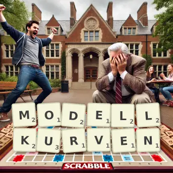 Kreative Illustration für ein Scrabble-Spiel, bei dem das Wort MODELLKURVEN mit Steinen auf dem Brett gelegt wurde.