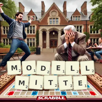 Kreative Illustration für ein Scrabble-Spiel, bei dem das Wort MODELLMITTE mit Steinen auf dem Brett gelegt wurde.