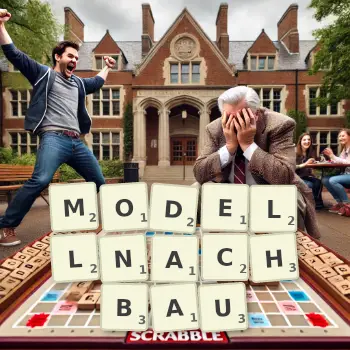 Kreative Illustration für ein Scrabble-Spiel, bei dem das Wort MODELLNACHBAU mit Steinen auf dem Brett gelegt wurde.