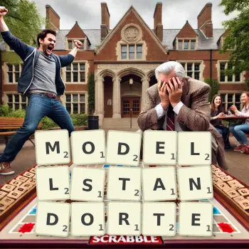 Kreative Illustration für ein Scrabble-Spiel, bei dem das Wort MODELLSTANDORTE mit Steinen auf dem Brett gelegt wurde.