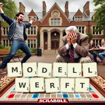 Kreative Illustration für ein Scrabble-Spiel, bei dem das Wort MODELLWERFT mit Steinen auf dem Brett gelegt wurde.